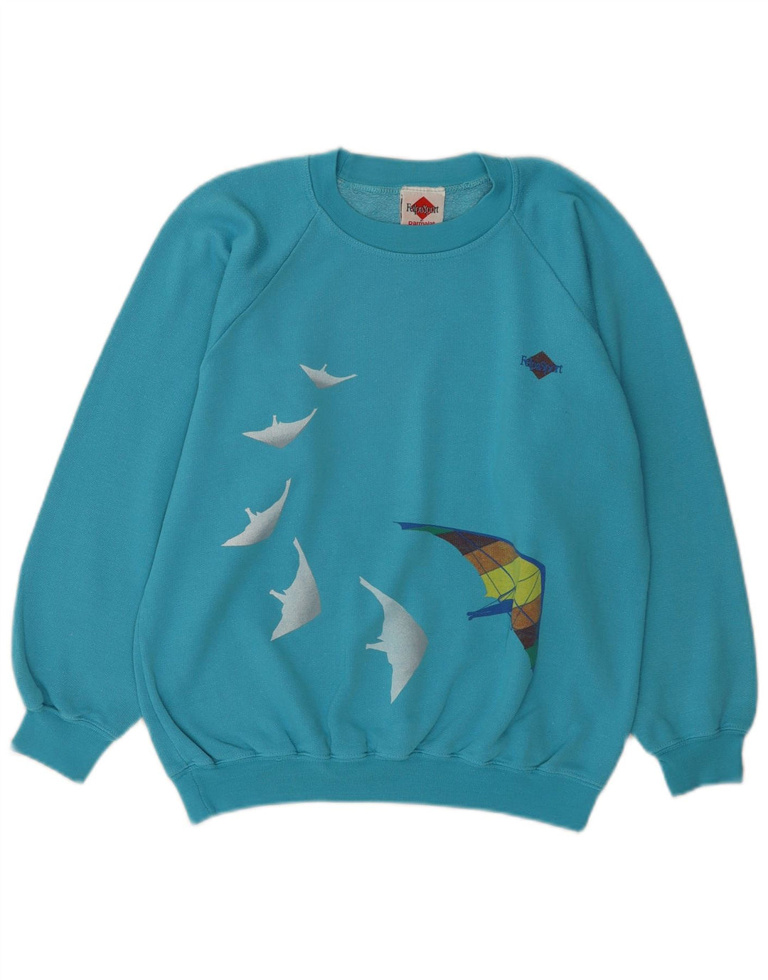 Vintage mujer sudadera gráfica jumper Reino Unido 14 algodón azul medio