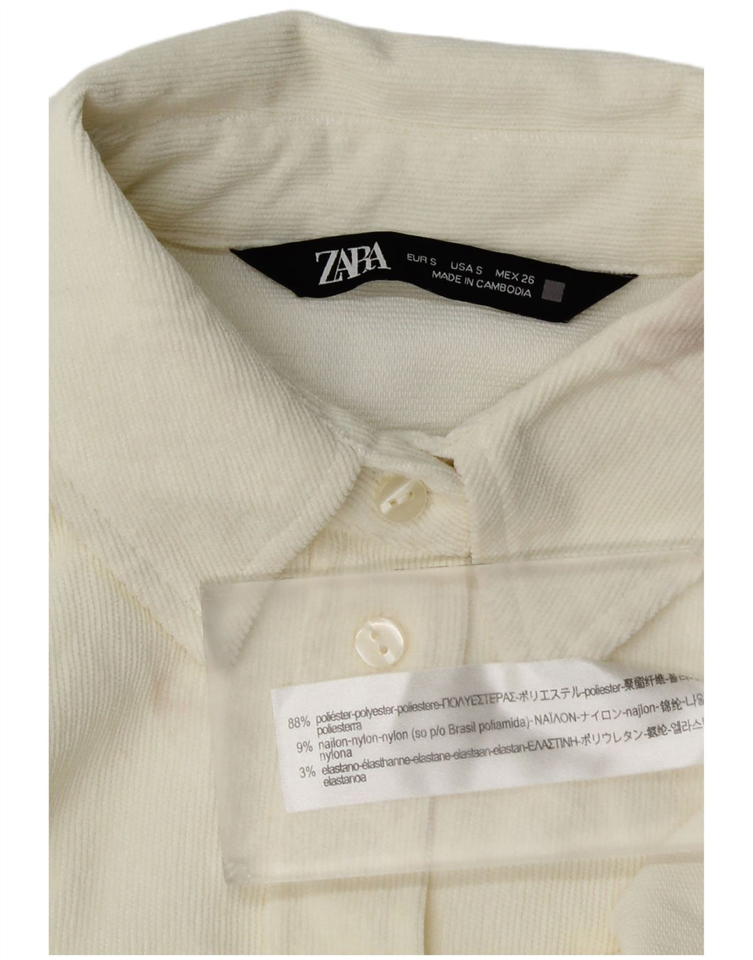 Zara Mujer Camisa De Pana Extragrande UK 10 Small Off White Poliéster