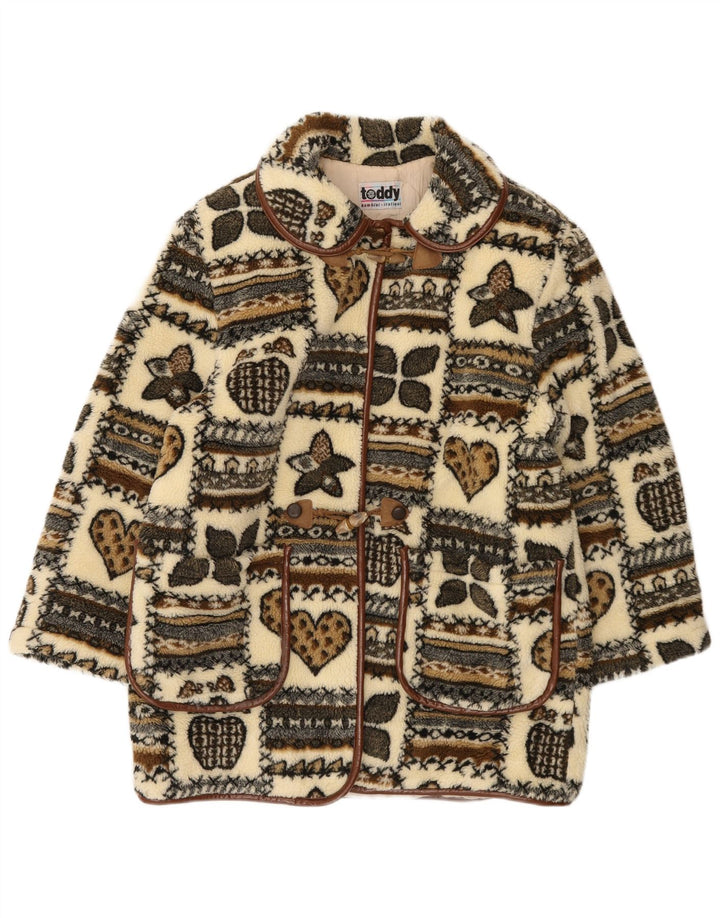 Vintage mujer gráfico polar Duffle abrigo Reino Unido 14 gran patchwork beige