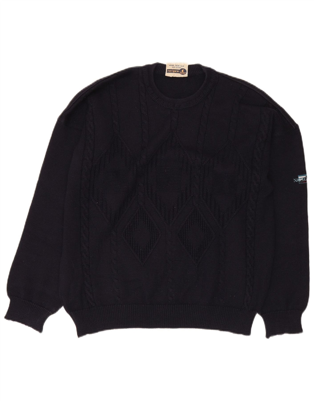 Navigare Suéter tipo jersey con cuello redondo para hombre, talla grande, azul marino, Argyle/Diamante