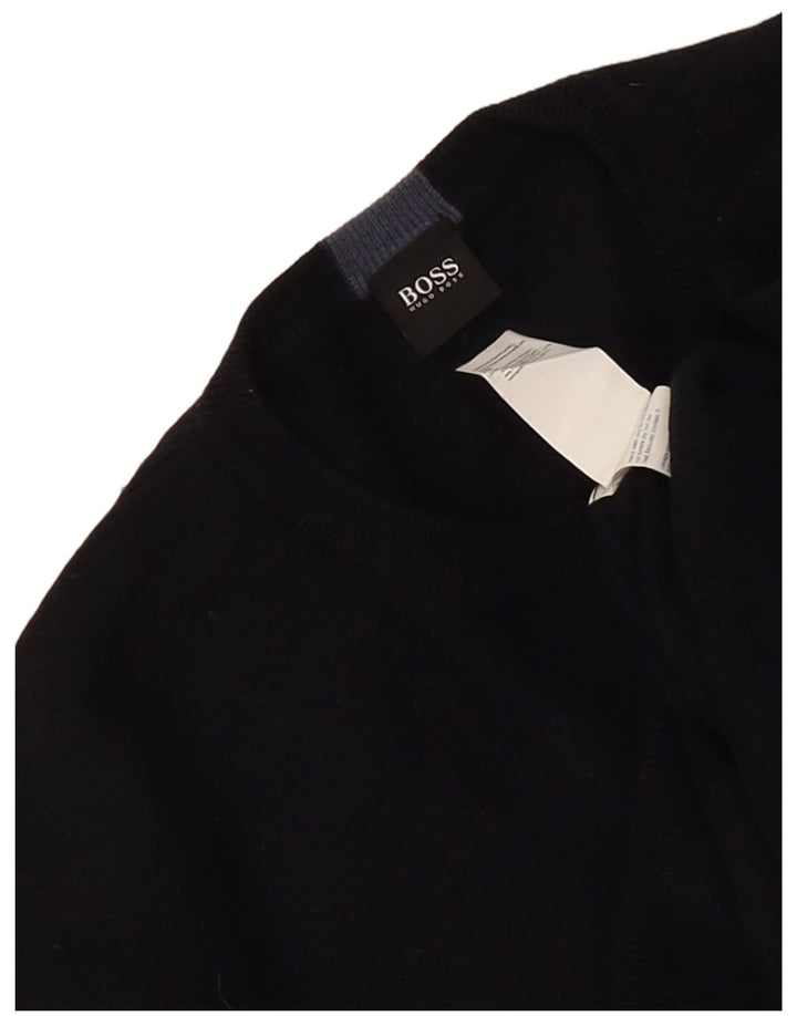 Hugo Boss Jersey con cuello redondo para hombre, talla grande, lana virgen azul marino