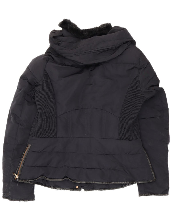 Zara Mujer Chaqueta Acolchada Con Capucha UK 46 Grande Azul Marino