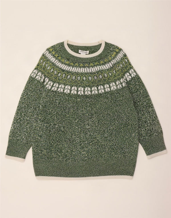 Vintage mujer barco cuello jersey suéter Reino Unido 22 3XL verde Fair Isle acrílico