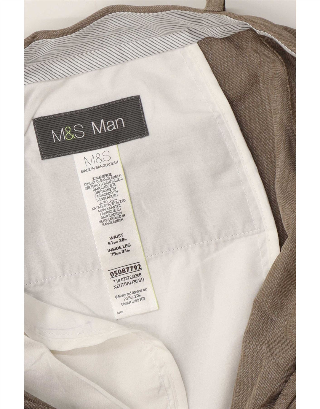 Marks & Spencer Pantalón de traje recto para hombre W36 L31 Poliéster beige