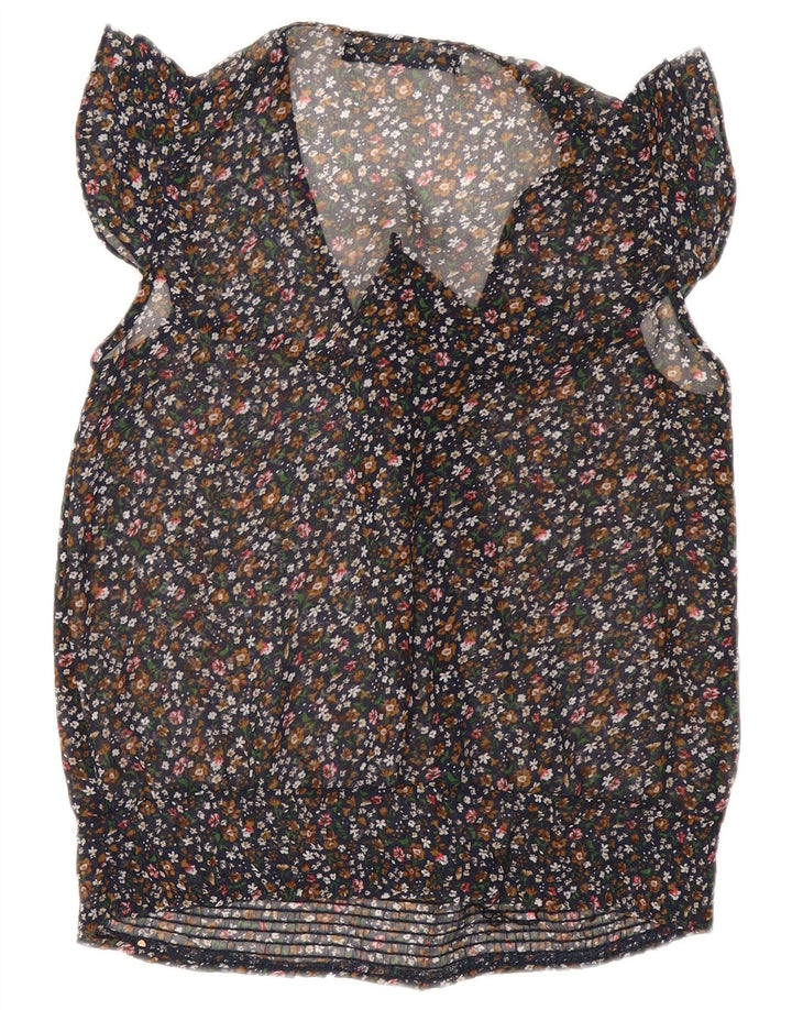 ZARA Top transparente sin mangas con pajarita para mujer UK 40 Small Black Floral