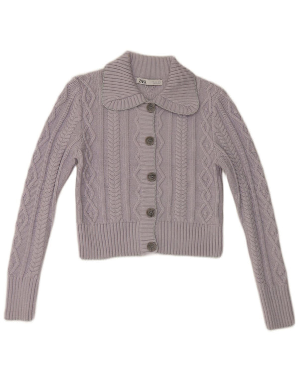 Zara Mujer Crop Cardigan Suéter UK 10 Small Púrpura Acrílico