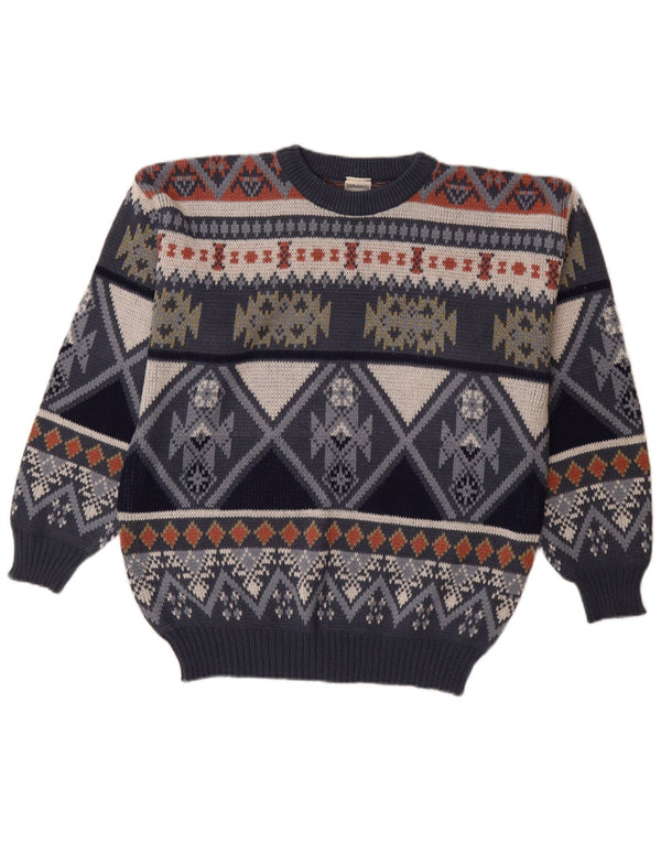 VINTAGE Hombres Crew Neck Jumper Suéter IT 48/50 Medio Azul Marino Fair Isle