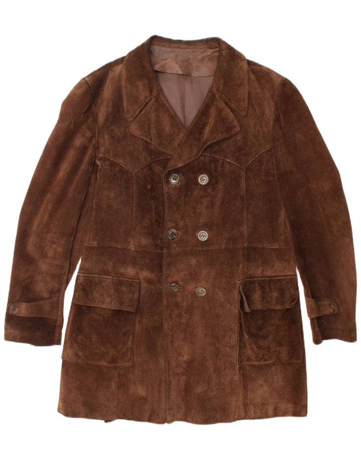 VINTAGE Hombres Ante Doble Pecho Abrigo Reino Unido 40 Marrón Grande