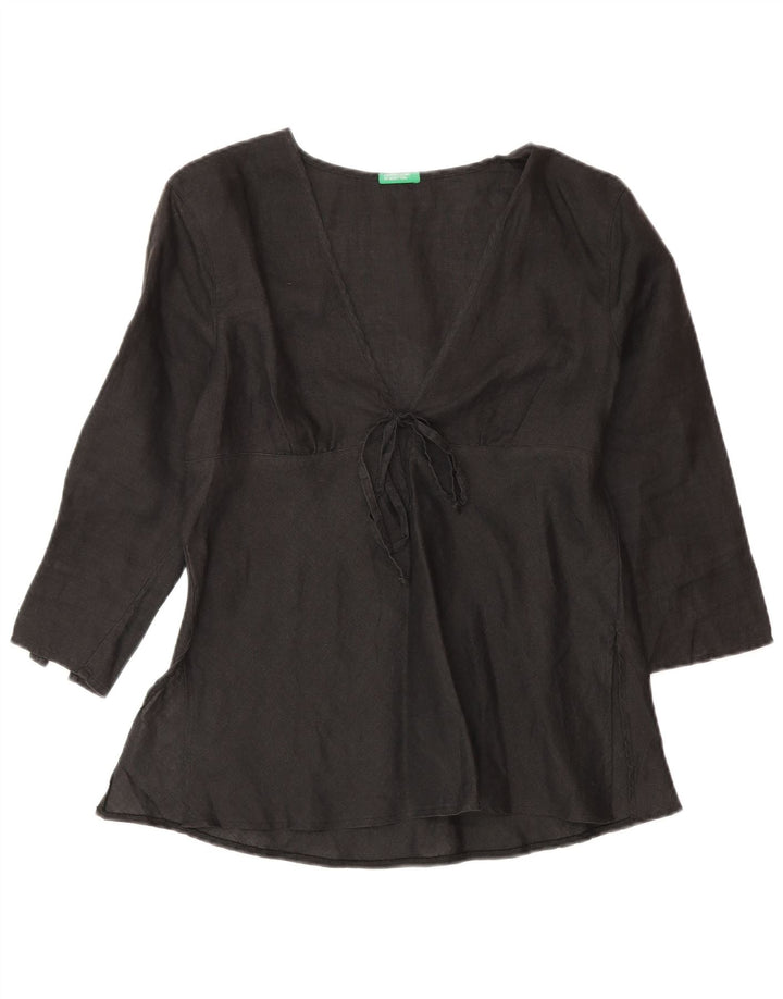Benetton Blusa De Manga 3/4 Para Mujer UK 40 Small Lino Negro