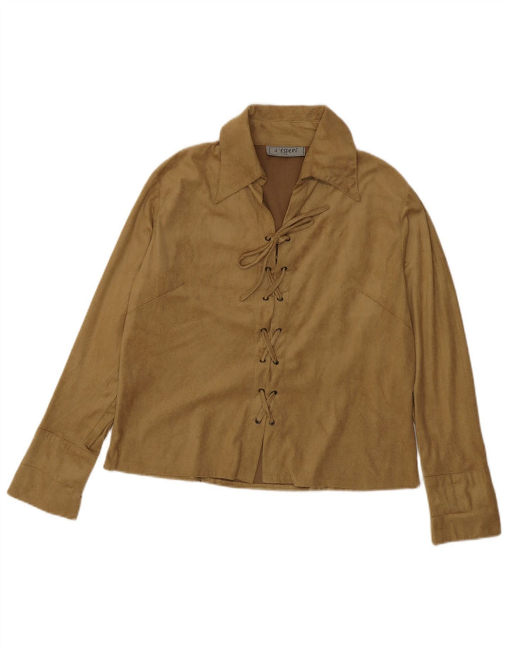 Vintage mujer pullover camisa blusa Reino Unido 14 poliéster marrón medio