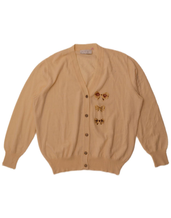 Vintage mujer Cardigan suéter Reino Unido 22 2XL de lana merino blanca