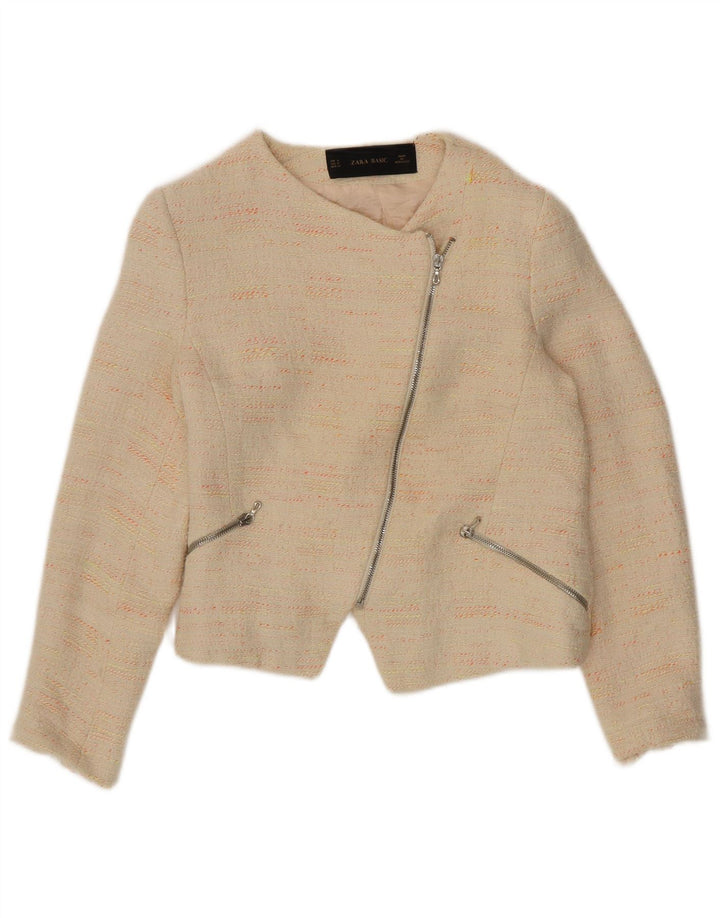 Zara Mujer Crop Blazer Chaqueta UK 12 Medio Beige Algodón Moteado