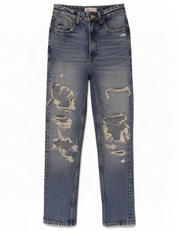 Zara Vaqueros ajustados desgastados de cintura alta para mujer EU 32 2XS W22 L27 Algodón azul