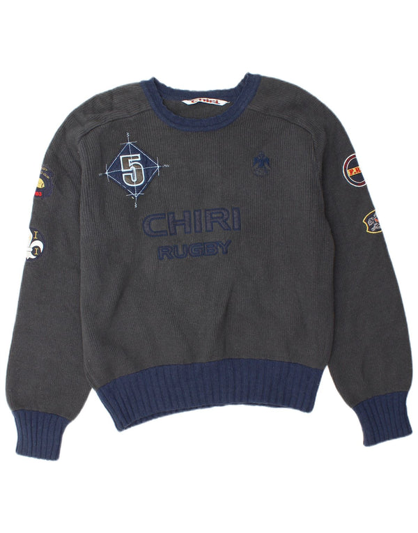 Vintage hombres rugby gráfico cuello redondo jersey suéter grande gris lana de cordero