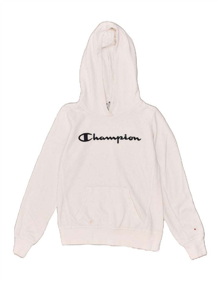 CHAMPION Womens Graphic Hoodie Jumper UK 10 Small White Cotton | Vintage Champion | Thrift | Second-Hand Champion | Used Clothing | Messina Hembry 