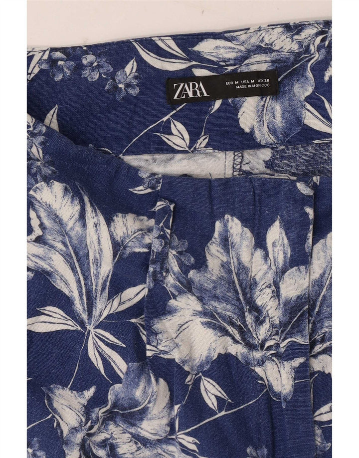 Zara Mujer Pantalones Calientes De Tiro Alto Medio W28 Azul Floral