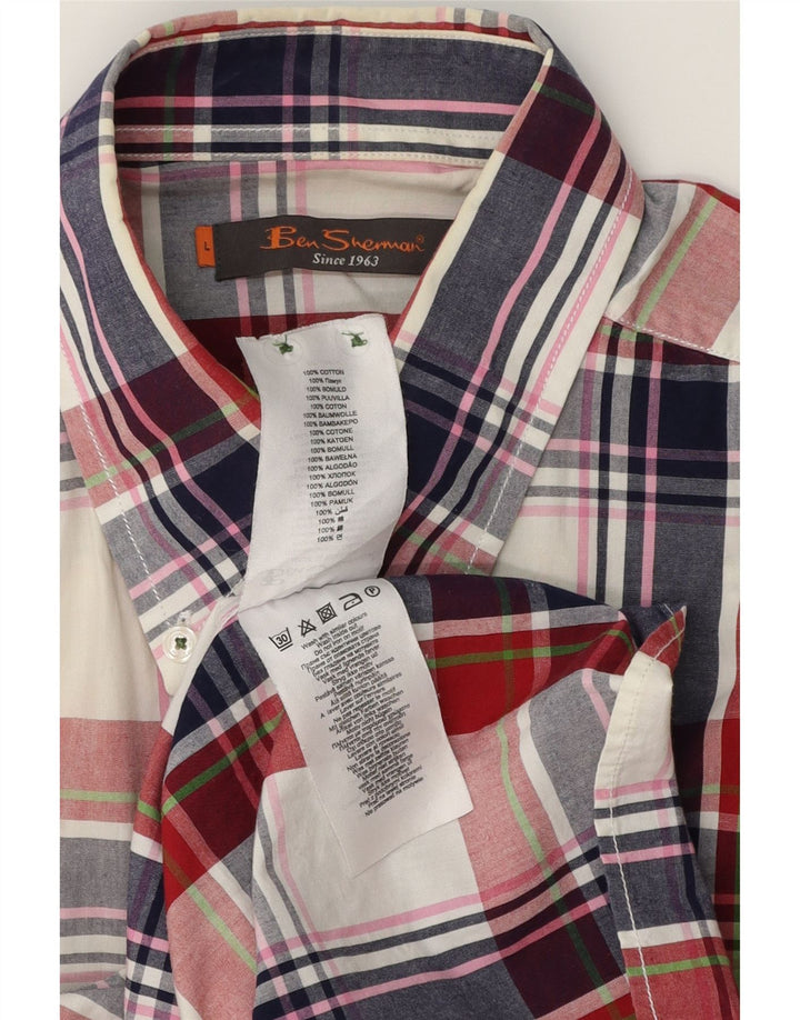 BEN SHERMAN Camisa de manga corta para hombre de algodón a cuadros multicolores grandes