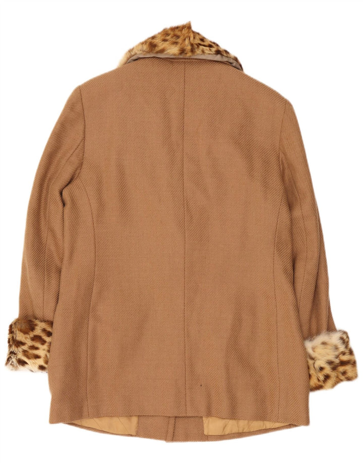 Vintage mujer abrigo corto Reino Unido 14 medio beige animal print