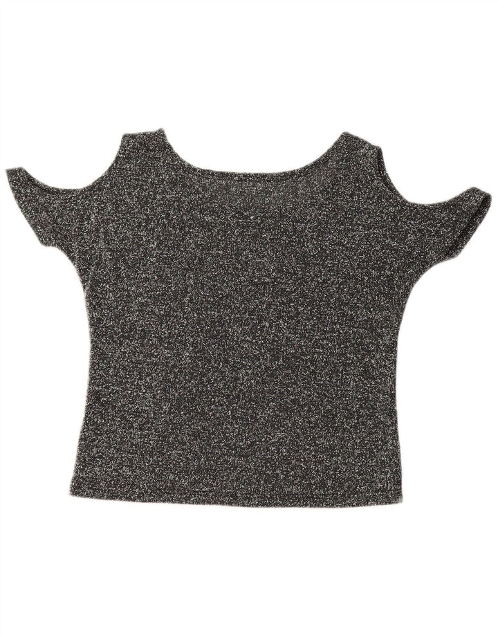 VINTAGE Mujer Crop Off Hombro Top Reino Unido 12 Mariposa Flecked Gris Medio