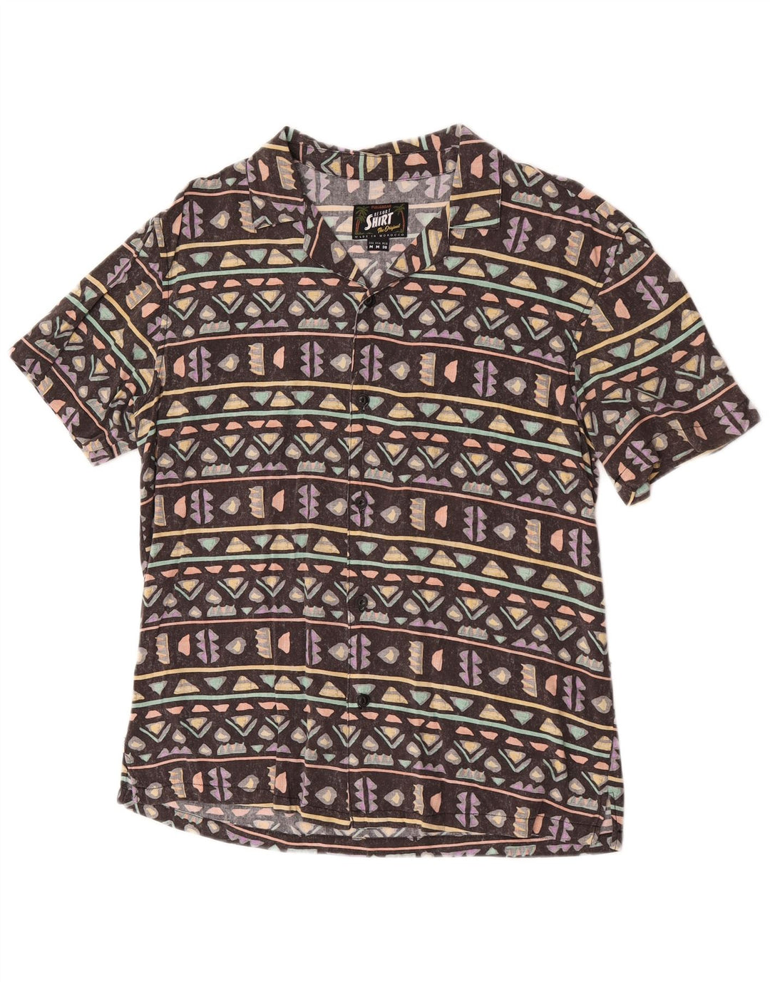 Camisa Pull & Bear Hombre Manga Corta Marrón Medio Geométrico Hawaiano