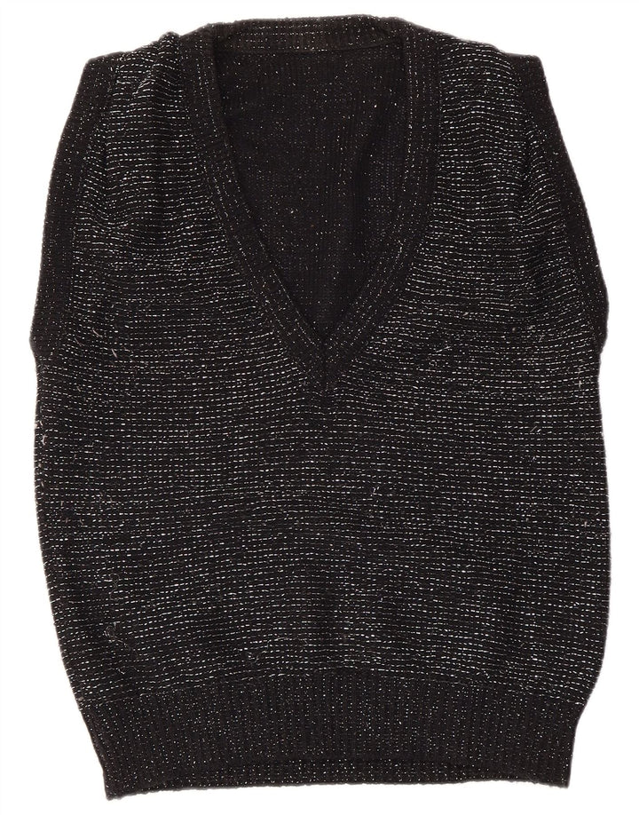 VINTAGE Chaleco de mujer Camiseta sin mangas EU 40/42 Acrílico moteado negro medio
