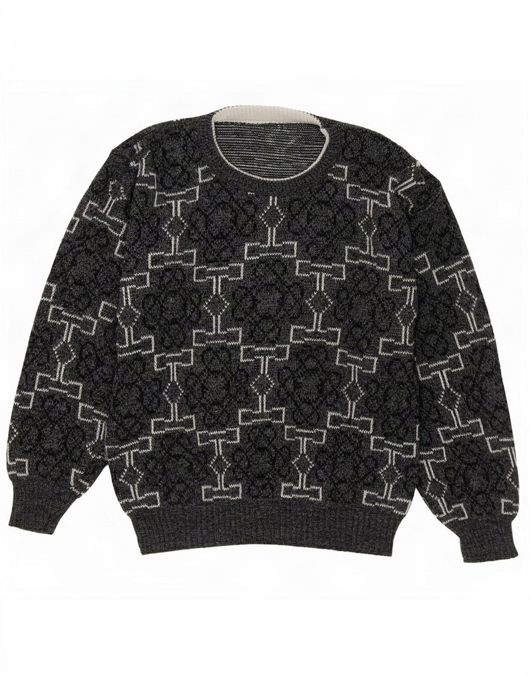 Vintage hombres cuello redondo jersey suéter medio gris geométrico