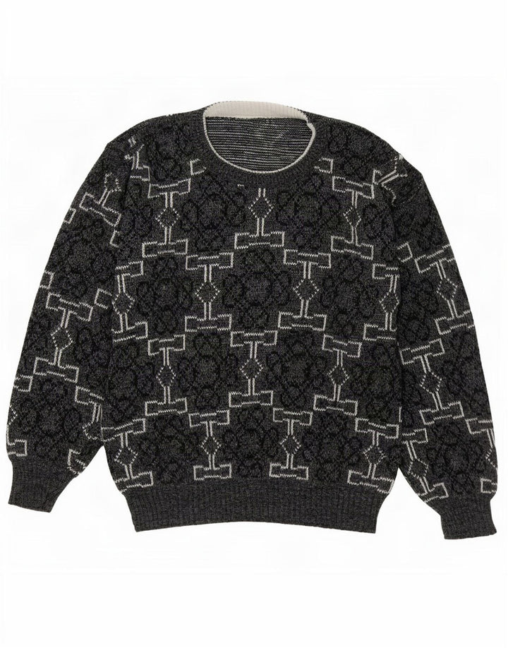 Vintage hombres cuello redondo jersey suéter medio gris geométrico