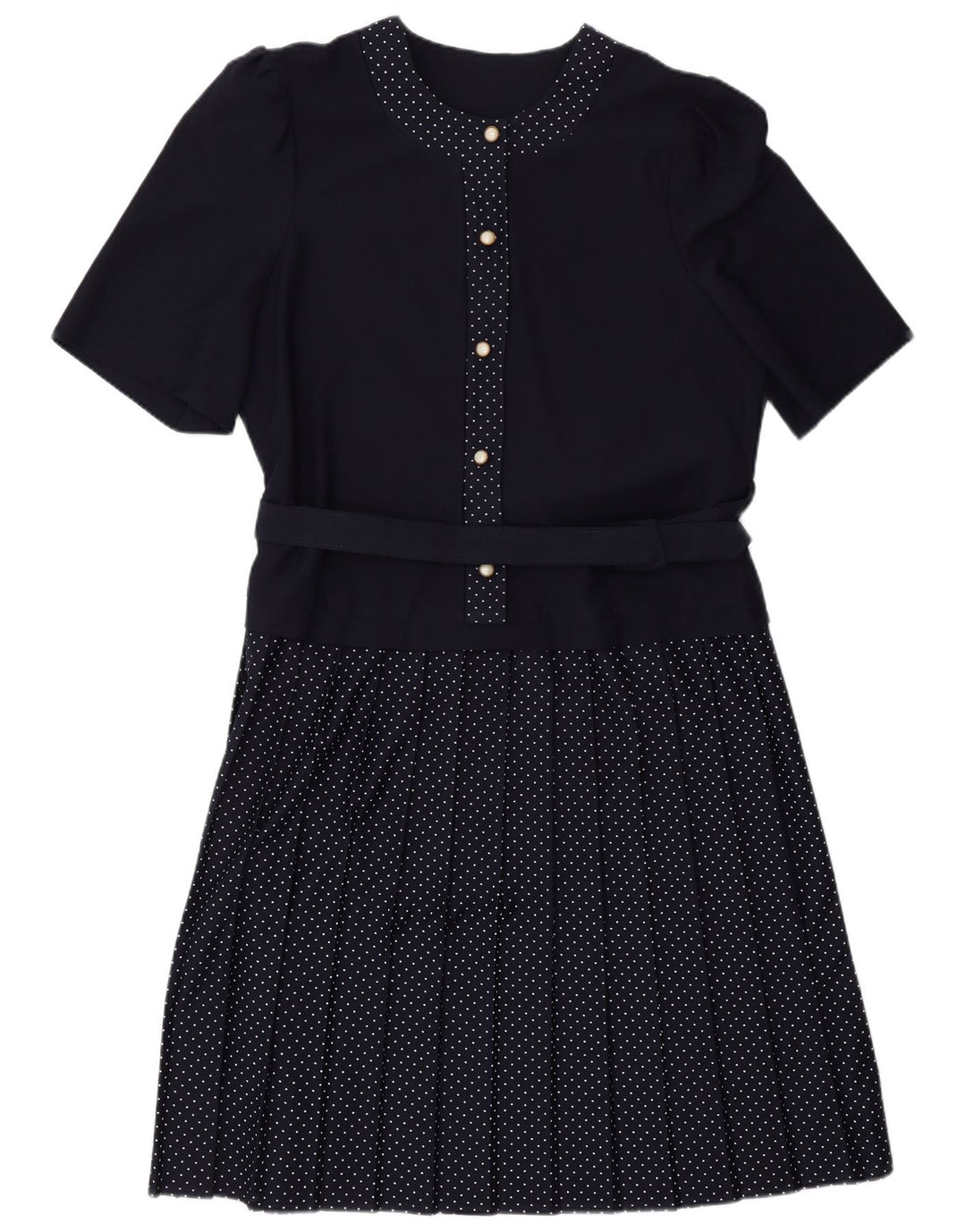 VINTAGE Mujer A-Line Vestido Reino Unido 16 Grande Azul Marino Manchado Poliéster