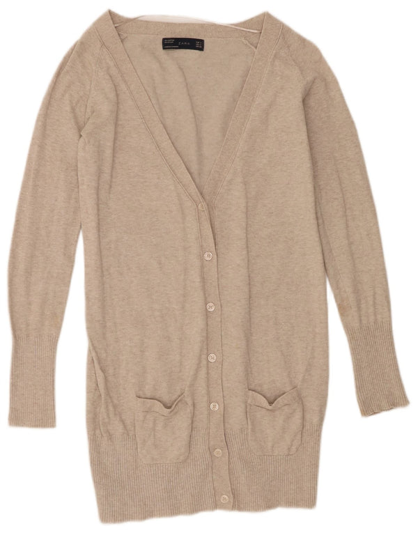 Zara Cárdigan largo para mujer, talla 40, algodón moteado beige pequeño