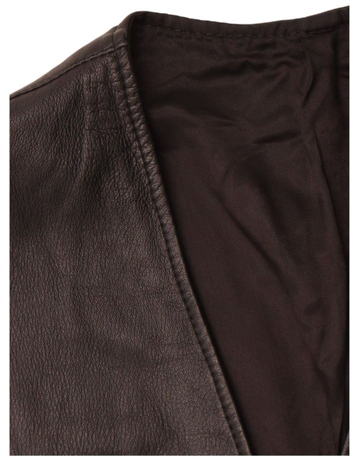 Vintage mujer longline cuero Gilet Reino Unido 16 cuero negro grande