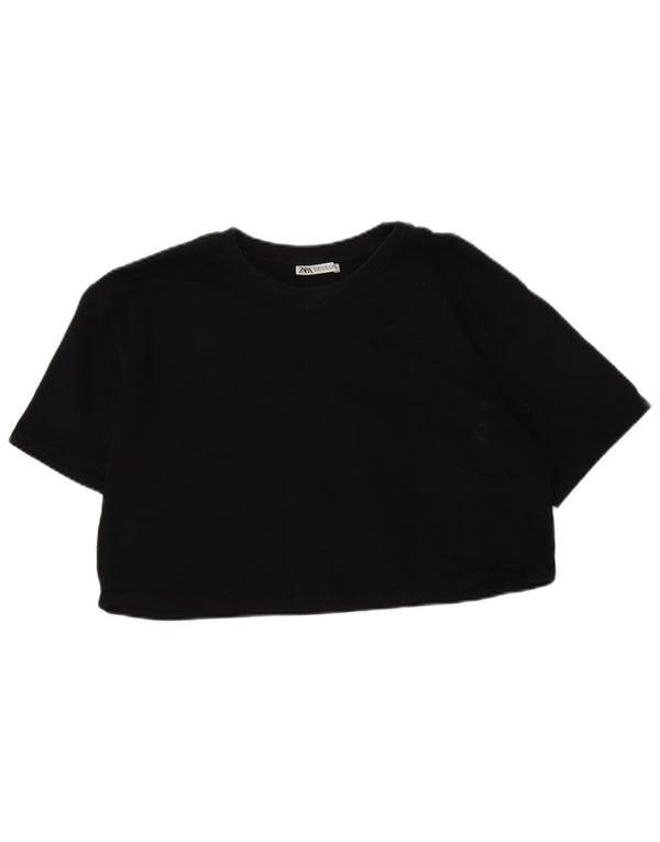 Zara Mujer Crop Camiseta Top UK 44 Mediano Negro Algodón