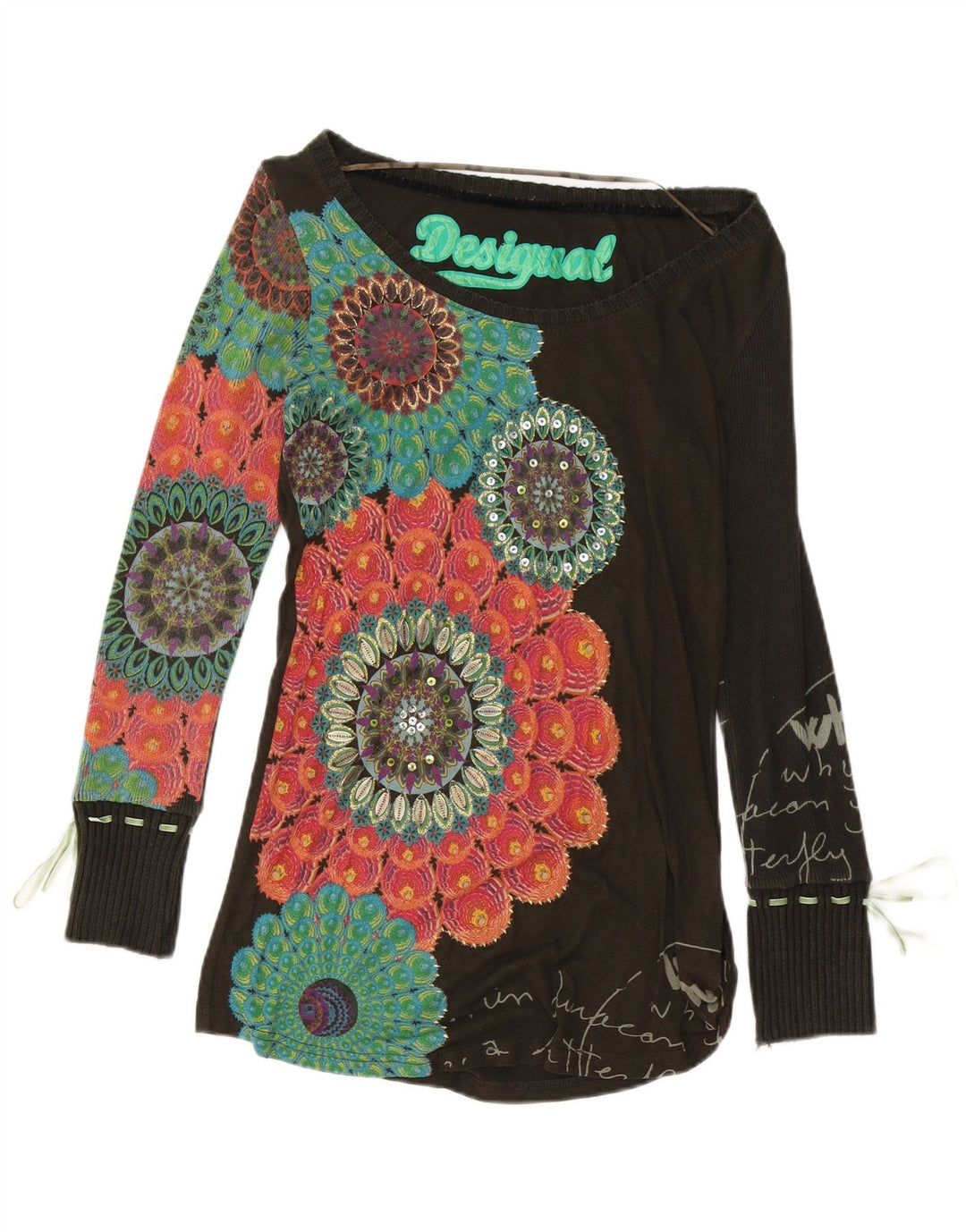 DESIGUAL Top gráfico para mujer de manga larga UK 10 Small Brown Floral Cotton