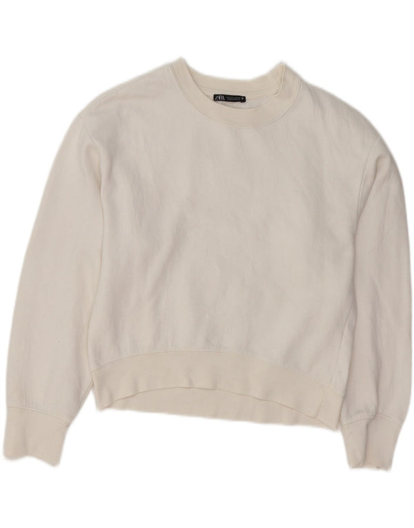 ZARA Mujer Oversize Crop Sudadera Jumper UK 10 Small Blanco Algodón
