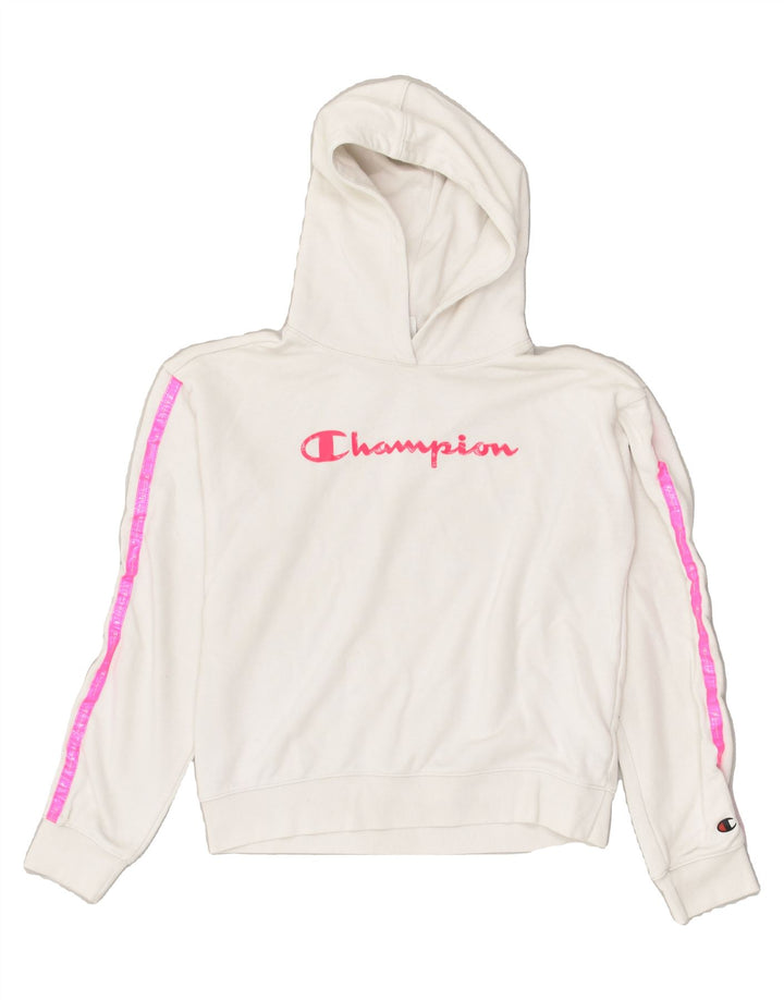 CHAMPION Girls Graphic Hoodie Jumper 13-14 Years XL  White Cotton | Vintage Champion | Thrift | Second-Hand Champion | Used Clothing | Messina Hembry 