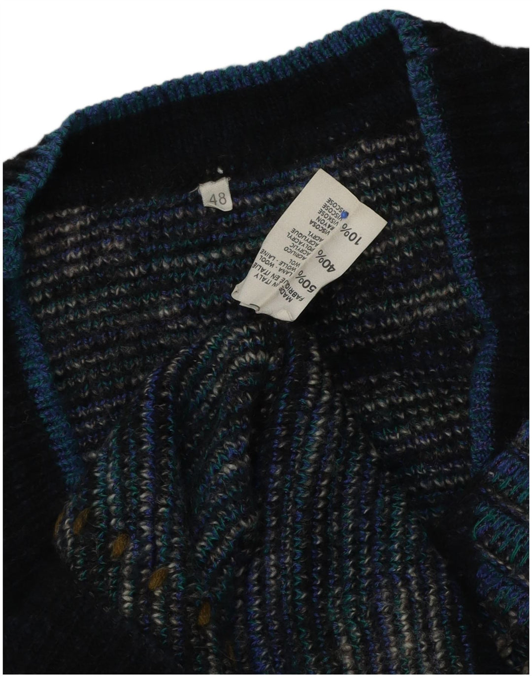 Vintage hombres V-cuello jumper suéter IT 48 azul medio Argyle/lana de diamante