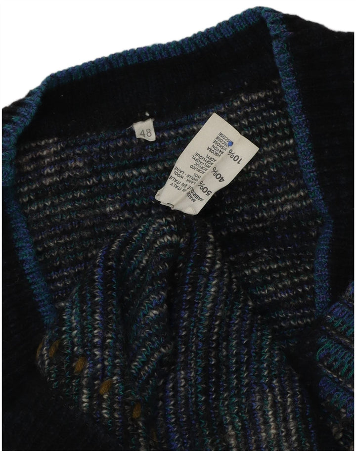 Vintage hombres V-cuello jumper suéter IT 48 azul medio Argyle/lana de diamante