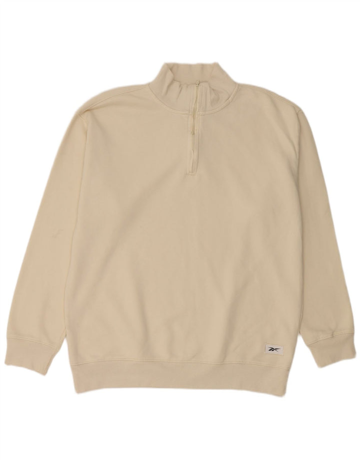REEBOK Sudadera Suelta con Cuello Y Cremallera para Hombre Jersey Mediano De Algodón Blanco Roto