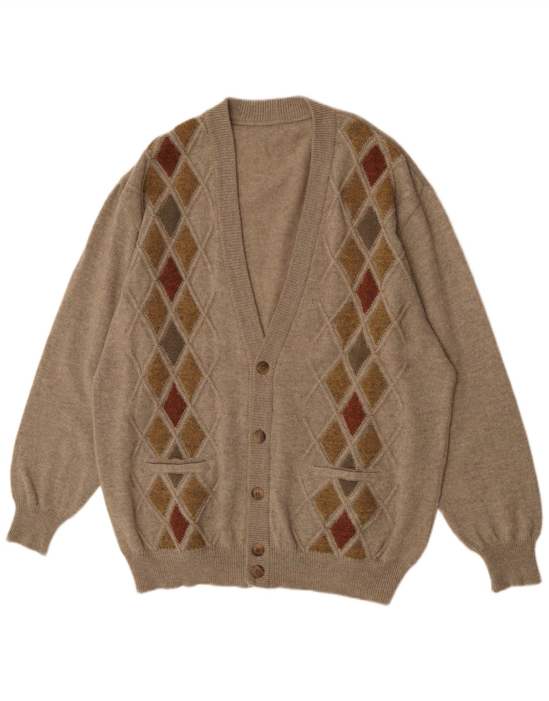 Vintage hombres Cardigan suéter XL marrón Argyle/Diamante