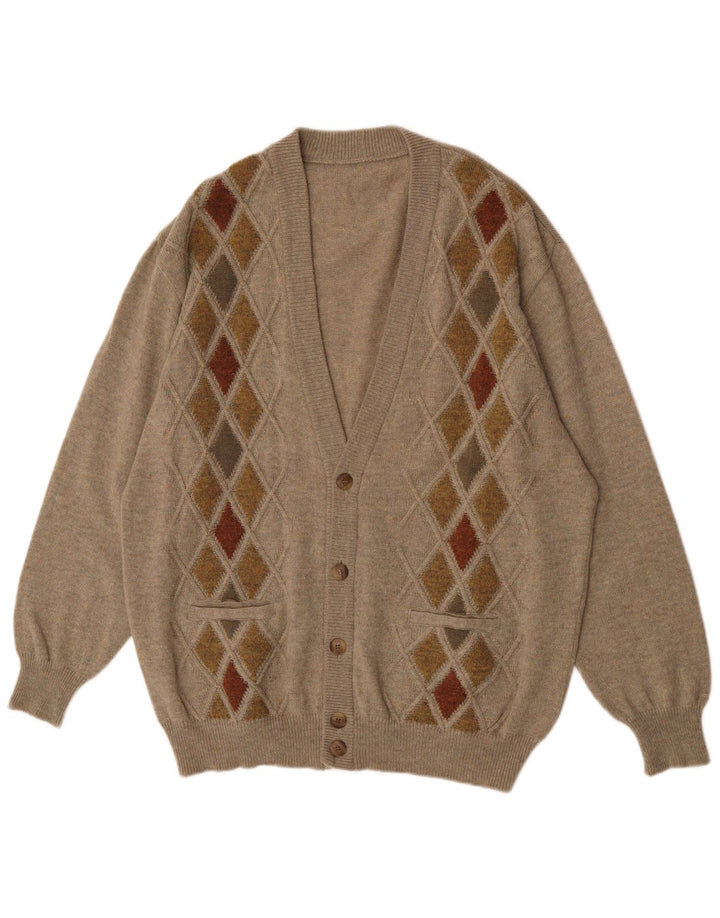 Vintage hombres Cardigan suéter XL marrón Argyle/Diamante