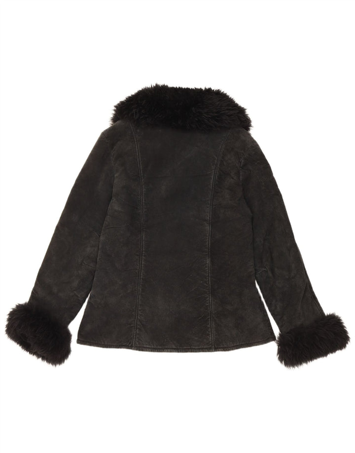 Vintage mujer Sherpa ante chaqueta Reino Unido 10 pequeño cuero negro