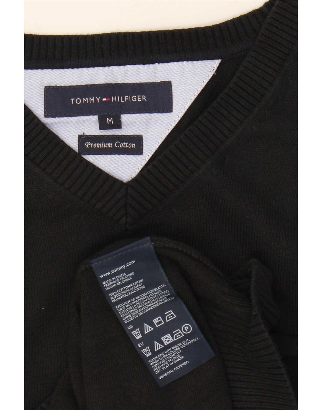 Tommy Hilfiger Jersey con Cuello en V para Hombre Suéter Medio de algodón Negro