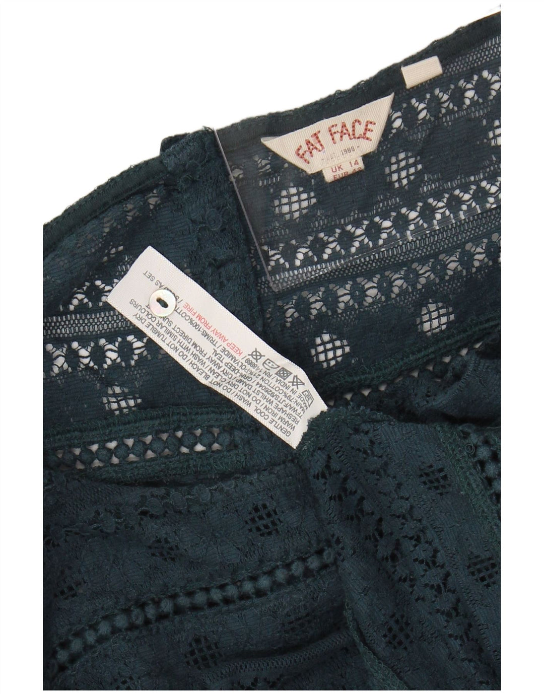 FAT FACE Blusa de encaje con manga 3/4 para mujer UK 40 Grande Algodón floral verde