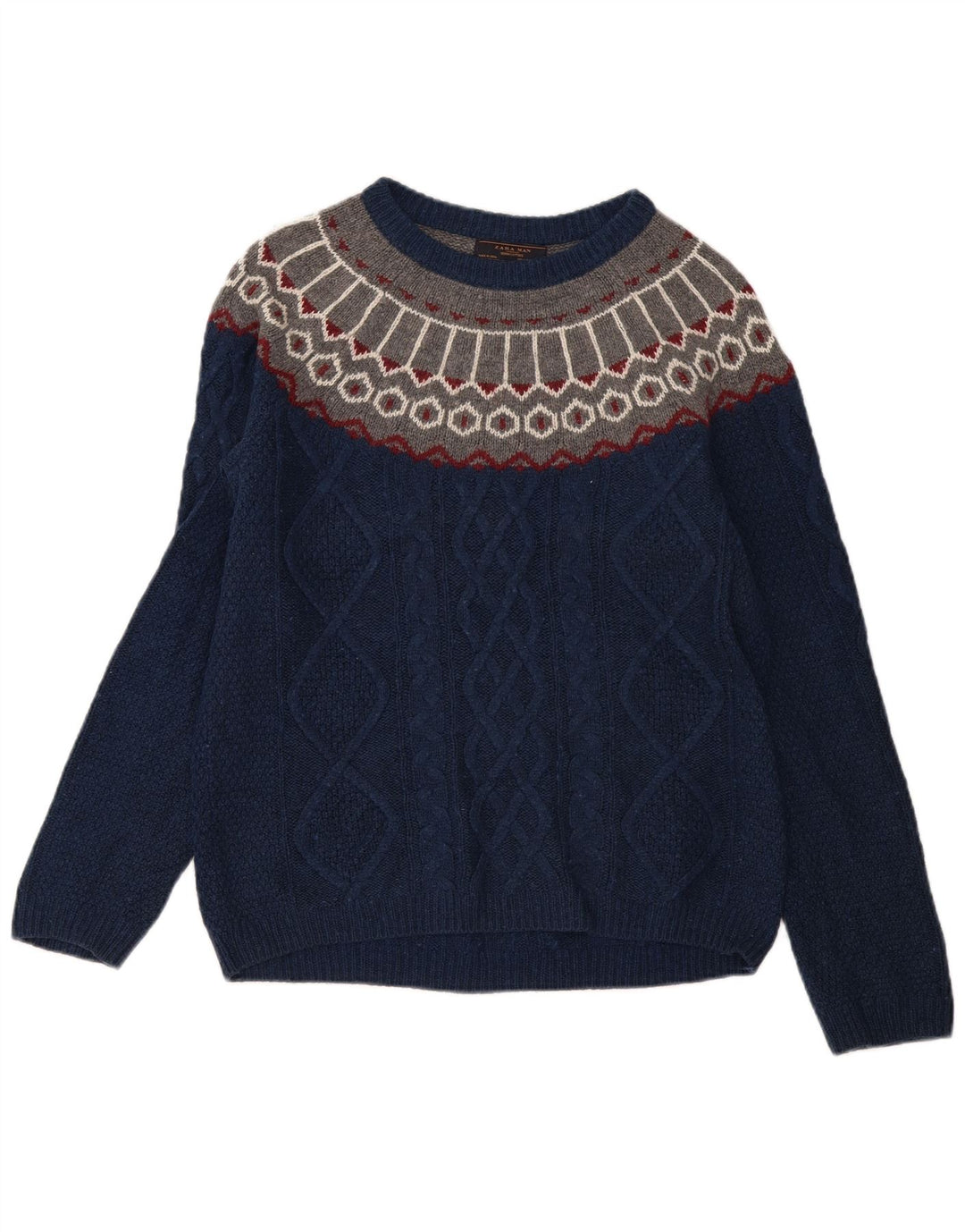 Zara Hombre Jersey Con Cuello Barco Jersey Medio Azul Marino Fair Isle