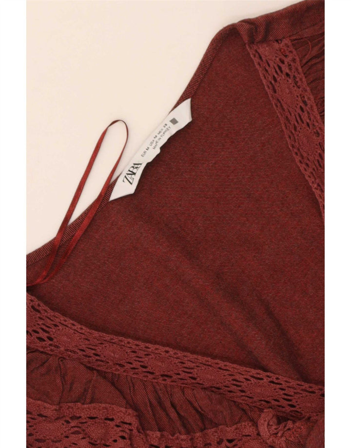 Zara Blusa de Manga Larga con Volantes en la Parte Delantera para Mujer UK 40 Granate Medio