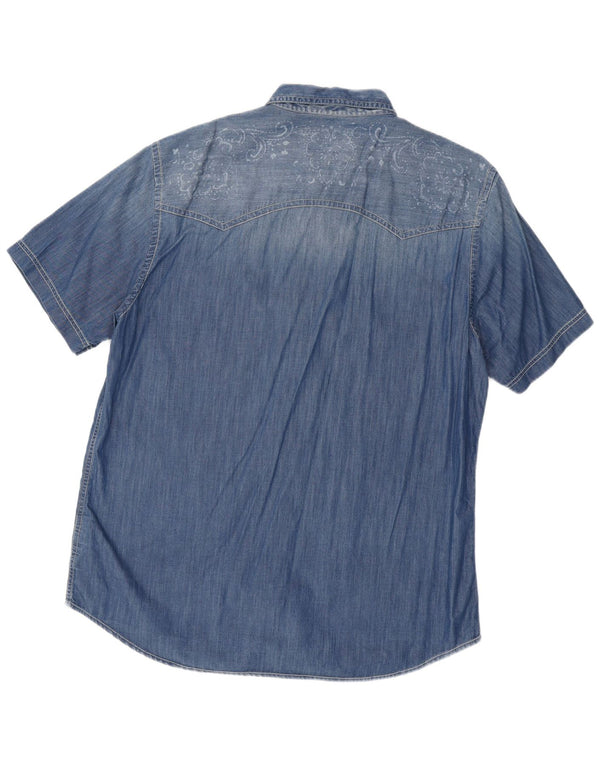 Marlboro Classics Camisa vaquera de manga corta ajustada para hombre 3XL Azul Paisley