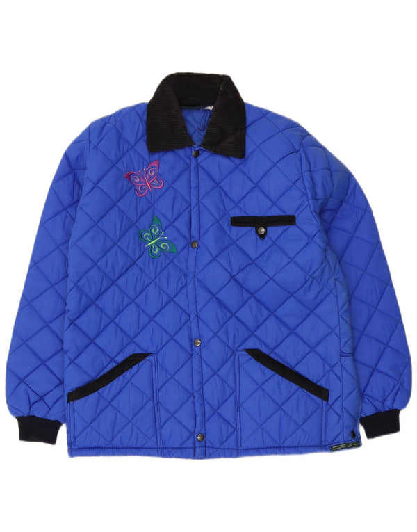 Vintage hombres chaqueta acolchada Reino Unido 36 pequeño azul colorblock acrílico mariposa