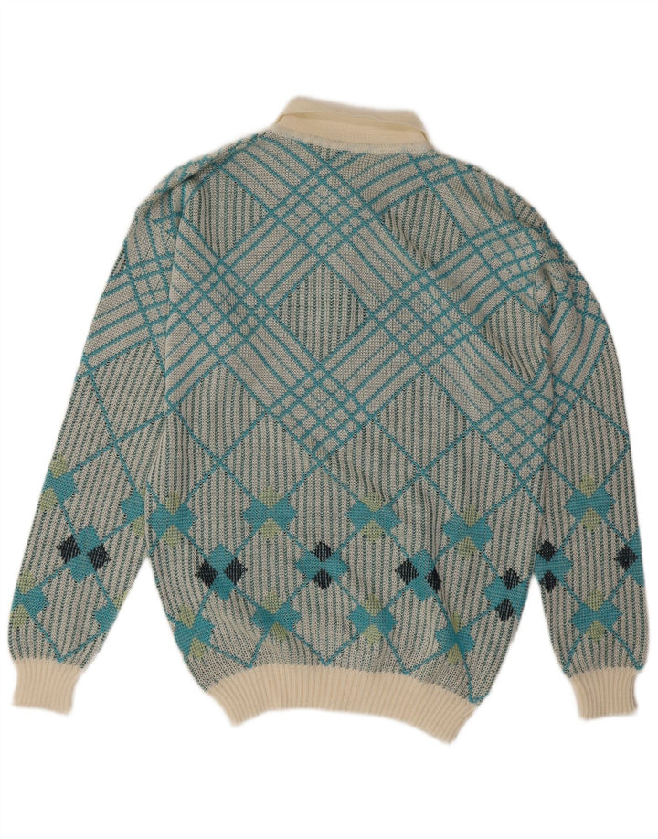 Vintage hombres polo cuello jersey suéter azul medio geométrico