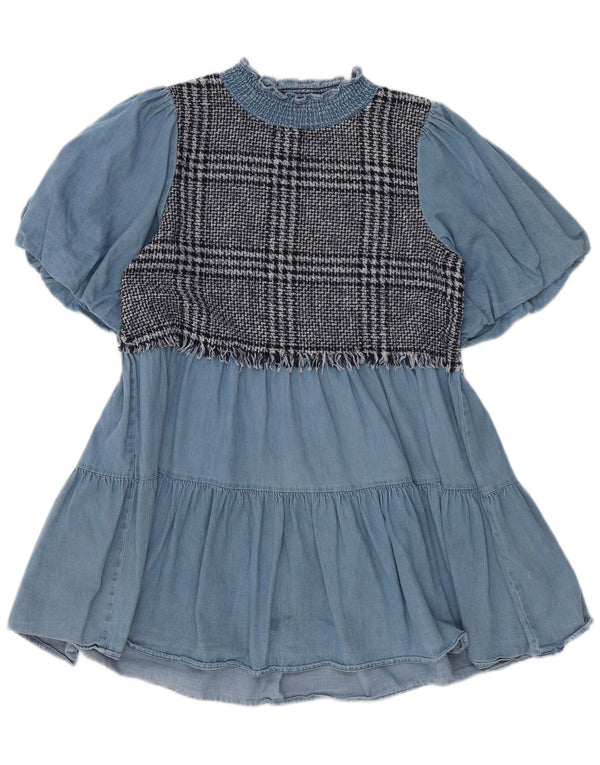 Zara Vestido Escalonado para Mujer UK 40 Algodón A Cuadros Azul Pequeño