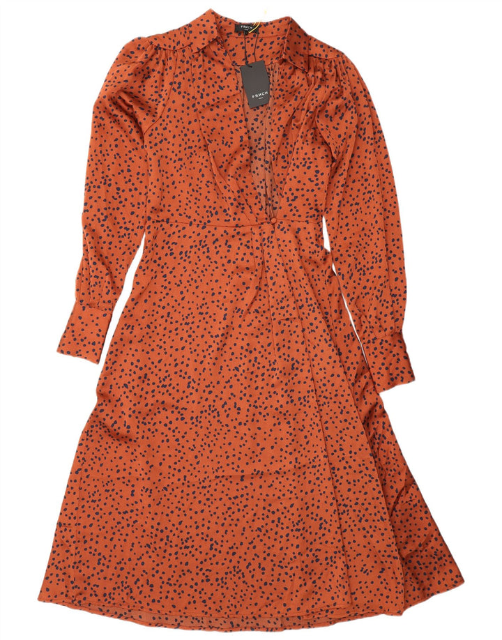 FRNCH Vestido largo de manga larga para mujer UK 10 Pequeño poliéster con manchas naranjas