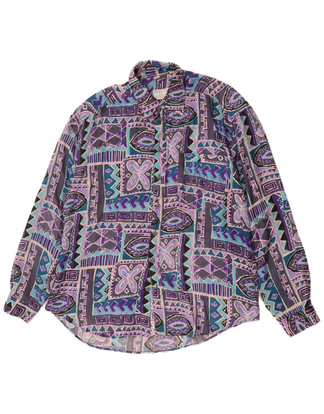 Camisa vintage para hombre talla 41/42 seda geométrica multicolor grande